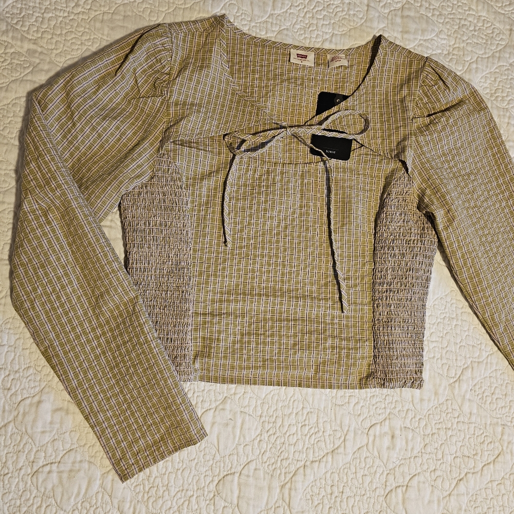 NWT Levi's Plaid Puff Sleeve Green & Pink Top